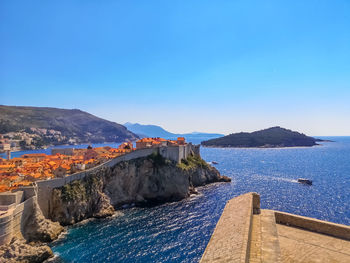 Scenic view of sea against clear blue sky