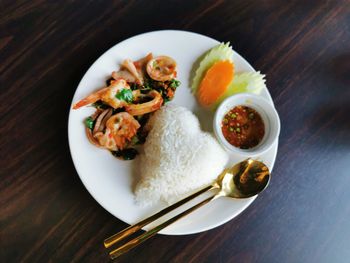 High angle view of food served on table