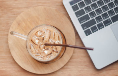 High angle view of coffee cup on table