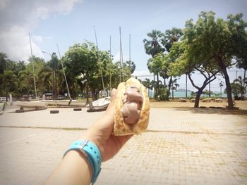 Close-up of hand holding palm tree by swimming pool