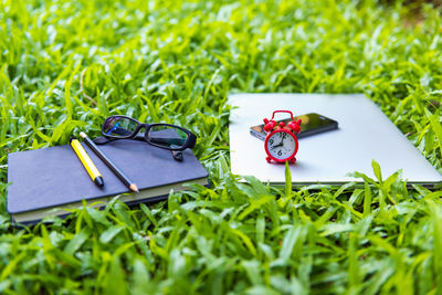 Book with smart phone and eyeglasses on field