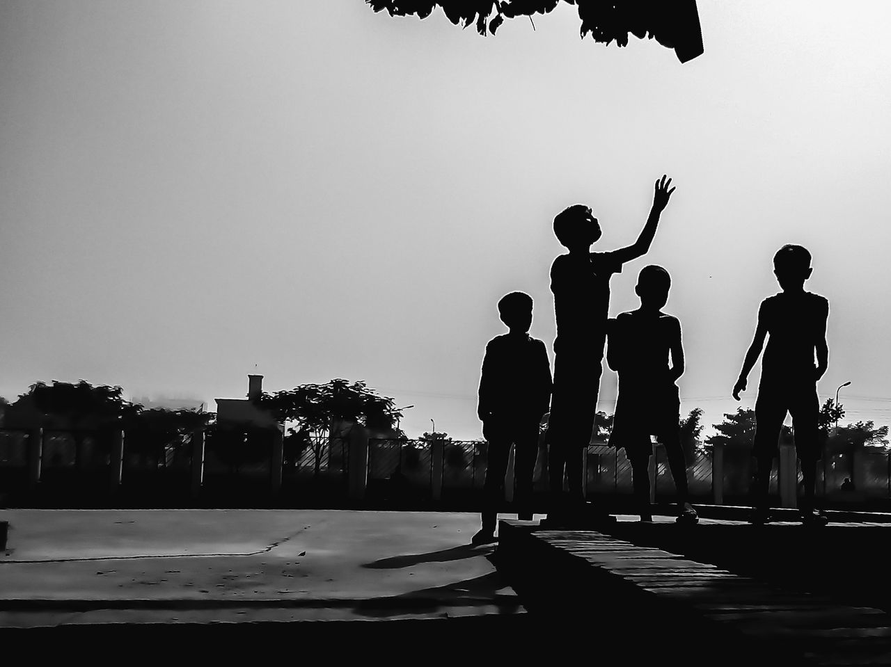 real people, silhouette, clear sky, full length, outdoors, lifestyles, boys, men, sport, tree, sky, large group of people, architecture, building exterior, childhood, friendship, day, city, basketball - sport, people