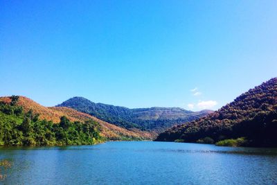 Scenic view of lake and mountains against clear blue sky