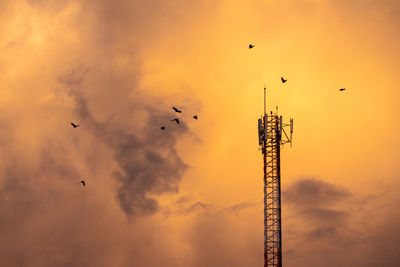 Low angle view of silhouette birds flying against sky during sunset