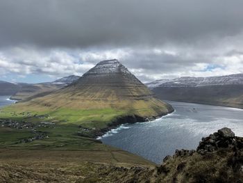 Scenic view of lake and mountains against sky