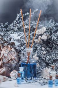 Close-up of objects on table at spa