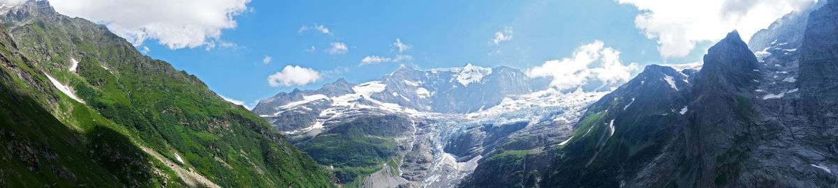 Panoramic view of snowcapped mountains against sky