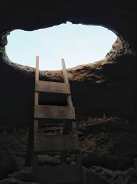 Built structure on rocks against clear sky