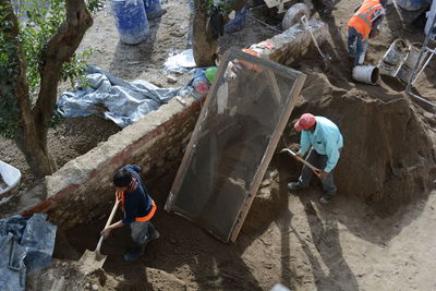 High angle view of construction workers at site