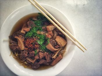 High angle view of meal served in bowl