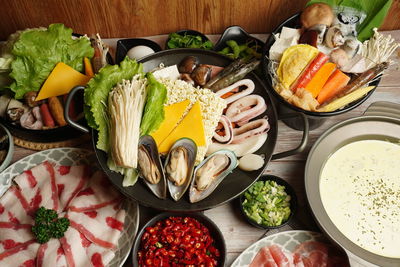 High angle view of meal served on table