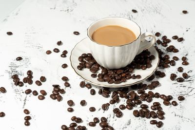 High angle view of coffee cup on table