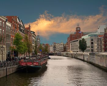 Copenhagen river  front  against sky during sunset