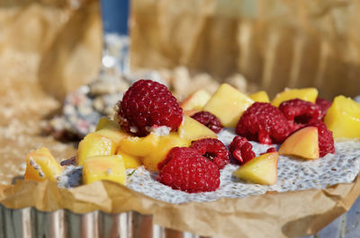 Close-up of strawberrie cake on table