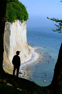 Rear view of man standing on beach against sky