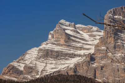 Low angle view of rock formation against clear blue sky