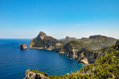 Scenic view of sea against clear blue sky