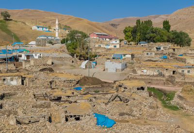 High angle view of buildings against sky