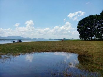 Scenic view of lake against cloudy sky