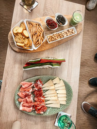 High angle view of meal served on table