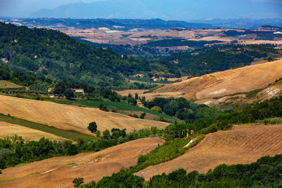 Scenic view of agricultural field by mountains