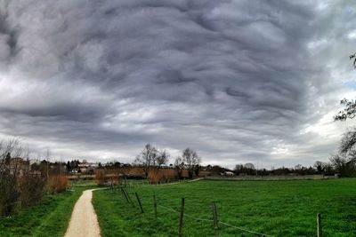 Scenic view of field against cloudy sky