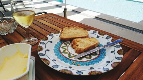 High angle view of breakfast served on table