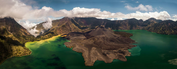 Panoramic view of lake and mountains against sky