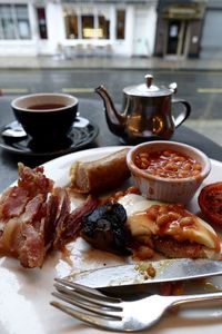 Close-up of breakfast served on table