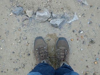 Low section of man standing on shore