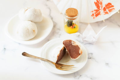 High angle view of dessert in plate on table