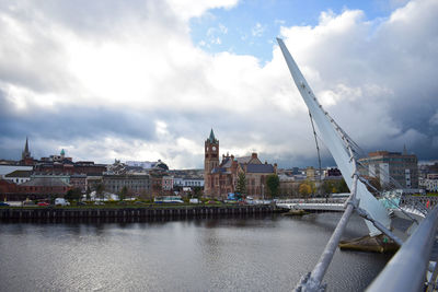 View of buildings by river against cloudy sky