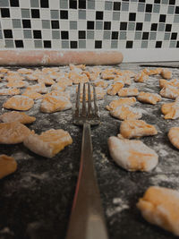 High angle view of cookies on floor at home