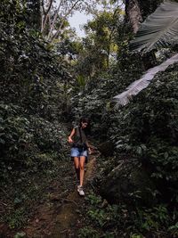 Rear view of woman standing on rock in forest