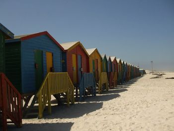 Panoramic view of beach huts against clear sky