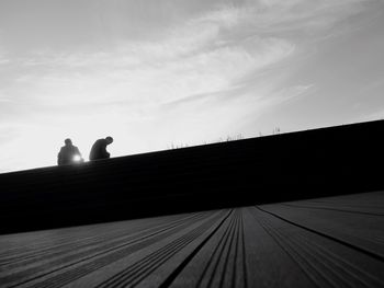 Silhouette birds on wood against sky