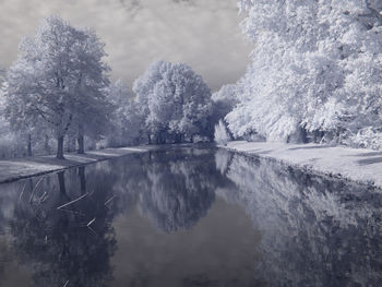 Scenic view of lake against sky during winter