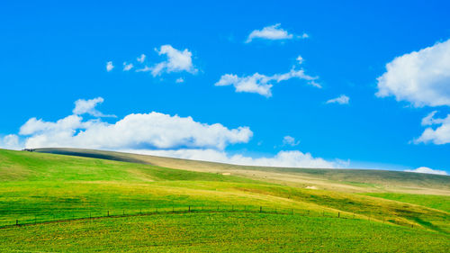 Scenic view of grassy field against cloudy sky