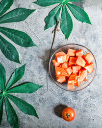 High angle view of chopped fruits on table