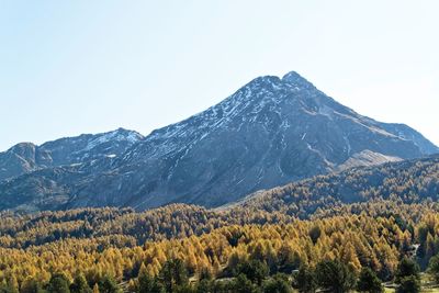 Scenic view of mountains against blue sky