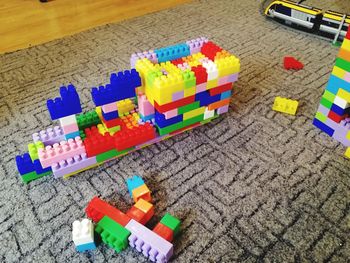 High angle view of toys on table