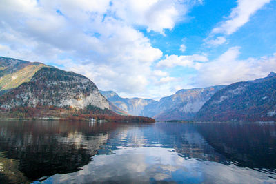 Scenic view of lake by mountains against sky