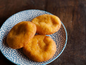 High angle view of bread in bowl on table