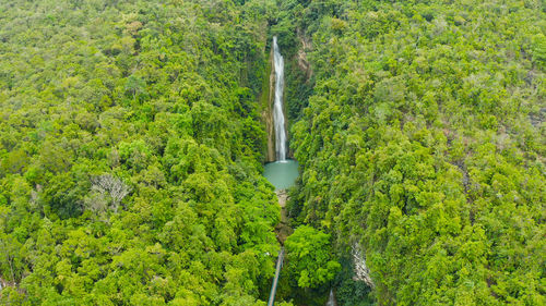 Aerial view of mantayupan waterfalls in a mountain gorge in the tropical jungle, philippines, cebu.