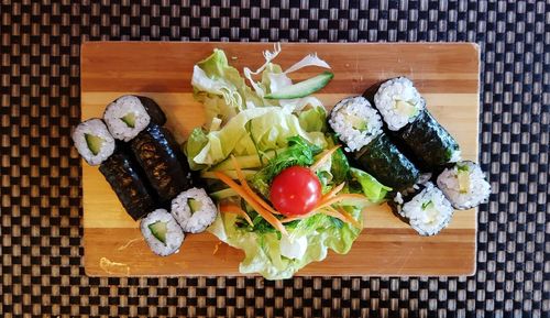 High angle view of sushi served on table