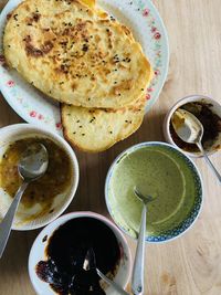 High angle view of indian food on table