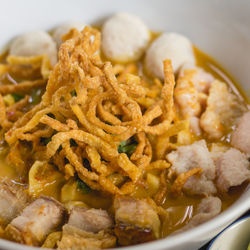 Close-up of noodles served in bowl