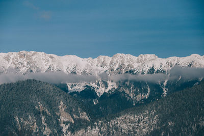 Scenic view of snow mountains against blue sky