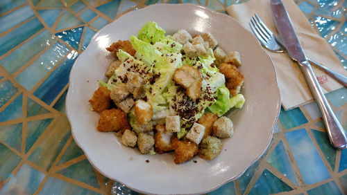 High angle view of food in plate on table