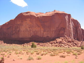 Scenic view of rocky mountains against blue sky